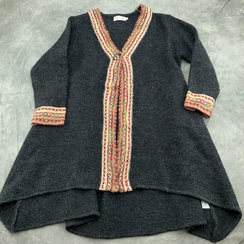 Simply Couture Cardigan Women‎ Large Gray Multi Long Tribal Boho Peasant Hippie